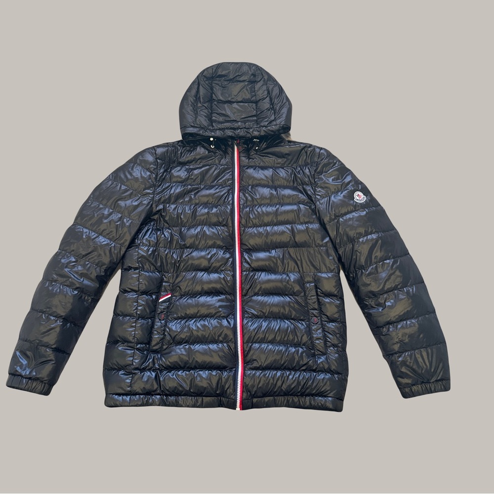 Moncler Black Hooded Puffer Jacket with Tricolor Zip Detail